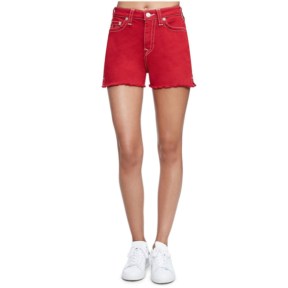 True Religion Women's High Waisted Cut Off Jean Shorts in Ruby Red - Picture 2 of 4